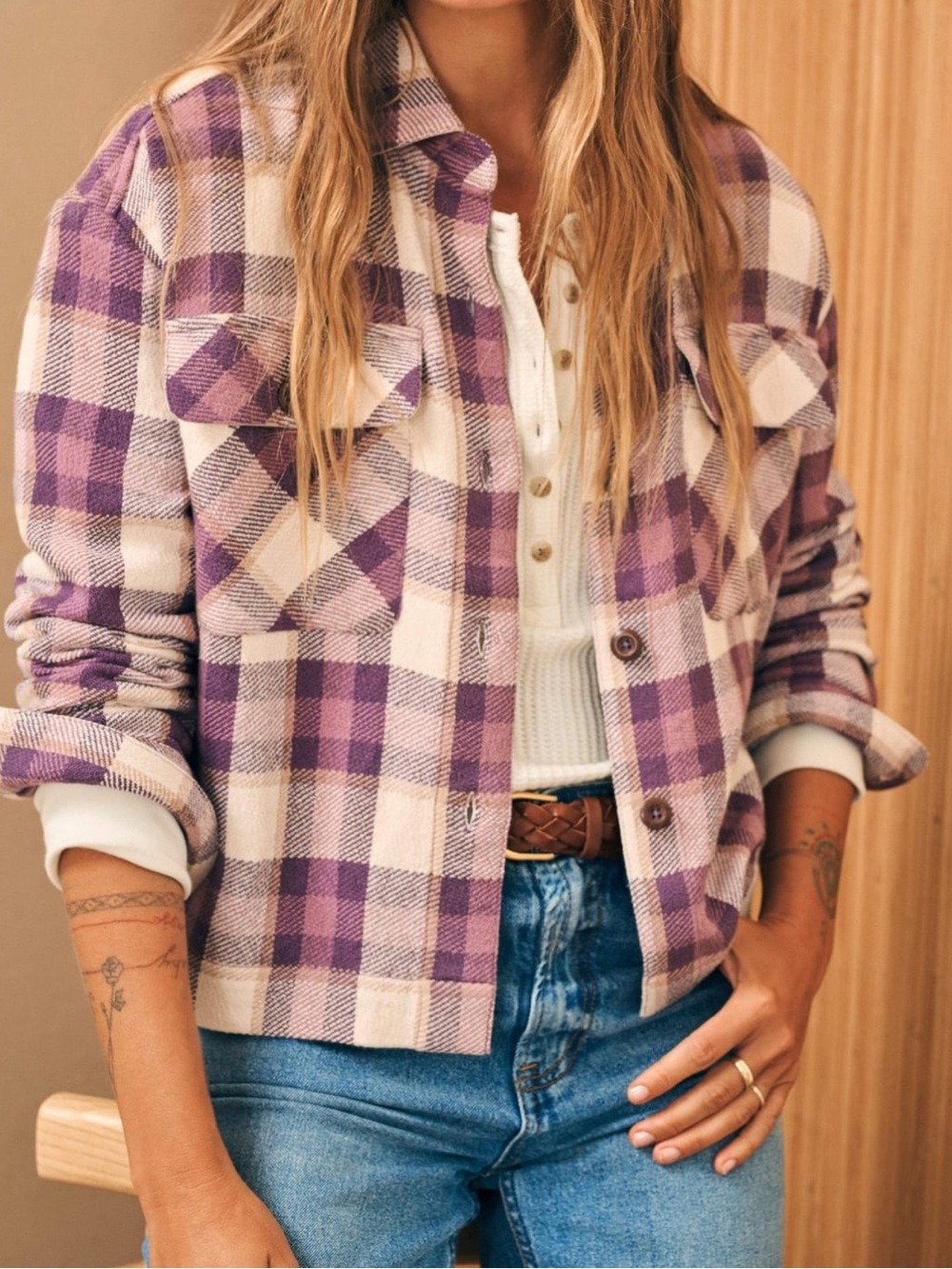 Faherty Women’s Organic Cotton Plaid Shacket Jacket Purple Cream M EUC